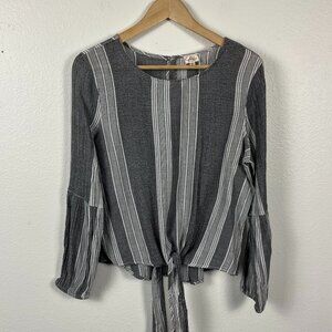 Keep In Touch| Women's Black White Long Sleeve Striped Blouse boho tie front, M